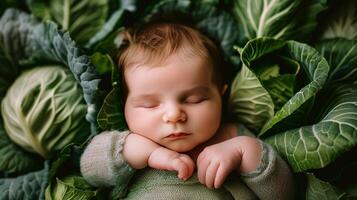 ai genererad bebis sovande i lugg av grön löv foto