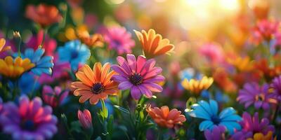 ai genererad färgrik blomma fält med bakgrund Sol foto