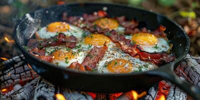 ägg och bacon matlagning i en stekpanna över en lägereld foto