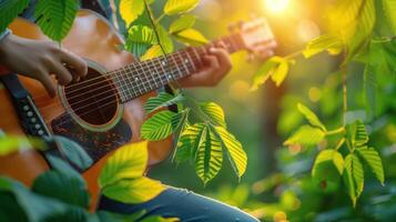 person spelar gitarr i de trän foto