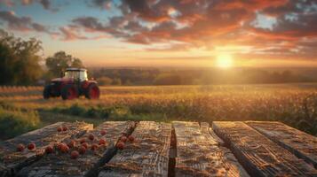 tabell med äpplen i främre av traktor foto