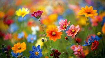 fält av färgrik blommor under himmel bakgrund foto