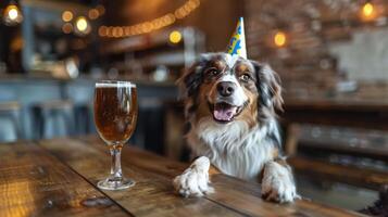 hund Sammanträde på tabell med glas av öl foto