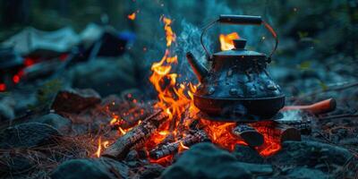 te vattenkokare kokande på brand foto