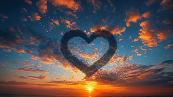 hjärta formad moln flytande i solnedgång himmel foto