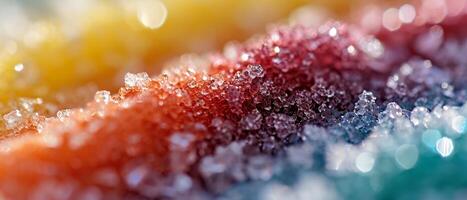 ai genererad en närbild se av delikat frost kristaller med en vibrerande bokeh bakgrund, visa upp de invecklad detaljer av is bildning foto