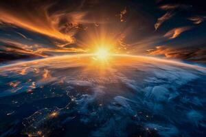 ai genererad de jordens atmosfär med en strålnings soluppgång från yttre Plats foto
