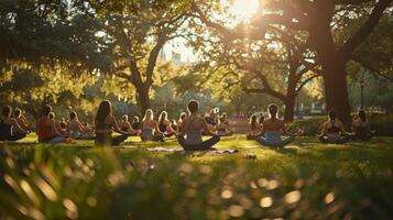 grupp av människor Sammanträde i en parkera håller på med yoga foto