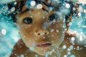 ai genererad närbild under vattnet skott av en bebis ansikte, med bred nyfiken ögon och luft bubblor omgivande dem foto