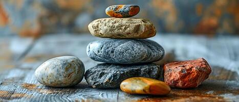 ai genererad Upptäck inre fred och lugn som du överväga de harmonisk balans av staplade stenar i en lugn utomhus- miljö foto