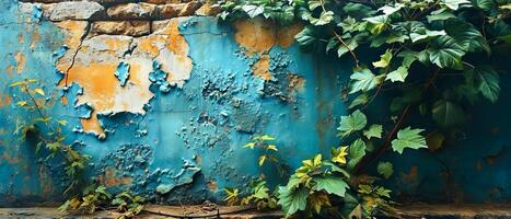 ai genererad de skarp skönhet av natur återta en peeling blå vägg, intill varandra förfall och tillväxt, skapande en kraftfull naturlig konstverk foto