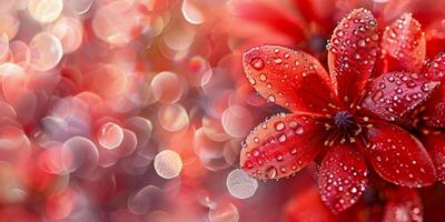 ai genererad detta regnkysst djupröd blomma basks i de ära av en bokeh glitter bakgrund, highlighting naturer delikat balans foto