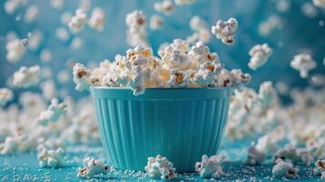 blå skål fylld med popcorn på tabell foto