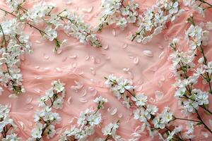 ai genererad ren körsbär blommar gren över en mjuk rosa bakgrund, deras vit kronblad och gyllene centrum erbjudande en lugn springtime visa foto