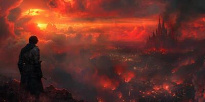 ai genererad fantasi soldat gazing på en stad Engulfed i röd dimma och glöd foto