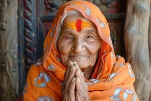 ai genererad ett äldre kvinna Utsmyckad i vibrerande traditionell klädsel visas henne rik kulturell arv och de visdom av ålder med en övertygande foto