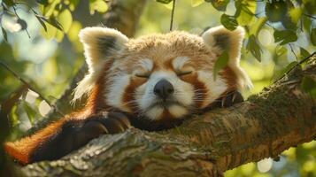 röd panda sovande på träd gren foto