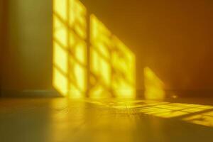 ai genererad gyllene solljus gjutning geometrisk skuggor på en slät golv foto