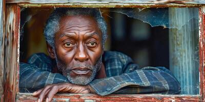 ai genererad en kontemplativ senior afrikansk man blickar utåt från Bakom en bruten fönster, frammanande teman av reflexion och liv upplevelser foto