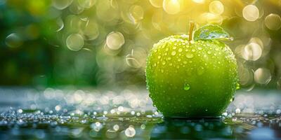 ai genererad daggprydd grön äpple på reflekterande yta foto