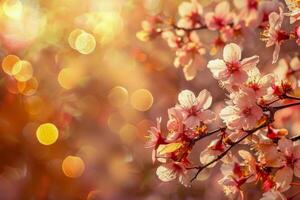 ai genererad sakura gren i full blomma med en defocused bakgrund i värma toner foto