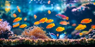 ai genererad ett förtjusande se inuti ett akvarium med olika fisk glidande genom en frodig korall livsmiljö, en snapshot av under vattnet diversitet foto
