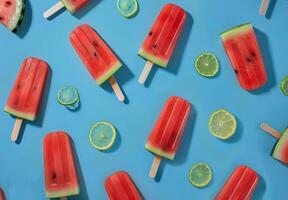 vattenmelon popsicles på en blå bakgrund foto