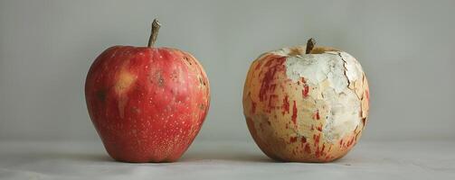 ai genererad färsk röd äpple Nästa till åldrig, peeling äpple på neutral bakgrund foto