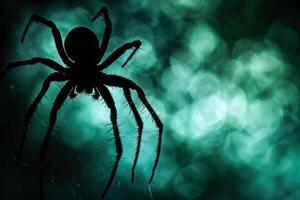 olycksbådande Spindel silhuett mot en lynnig bokeh grön bakgrund foto