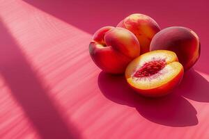 levande röd persikor på en texturerad rosa yta med skuggor foto