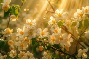gyllene solljus smeksam vit vår blommar foto