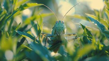 stänga upp av en gräshoppa i en fält foto