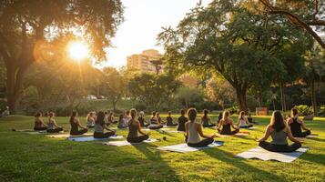 grupp av människor Sammanträde i en parkera håller på med yoga foto