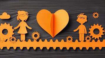 orange papper konstverk visning barn, hjärta, och kugghjul foto