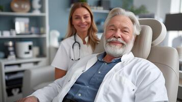 senior man tar emot hälsa kolla upp från kvinna sjuksköterska i klinik foto