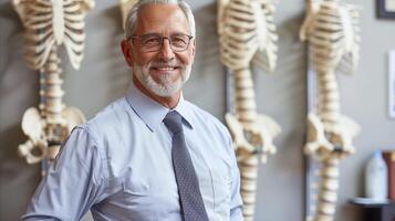 senior professor leende i anatomi klassrum med skelett modeller foto