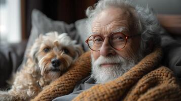 äldre man med glasögon och hund avkopplande inomhus foto