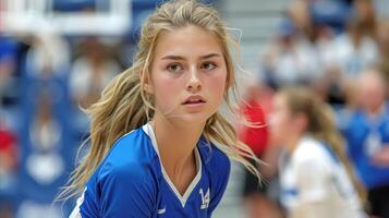 fokuserade volleyboll spelare under inomhus- match foto