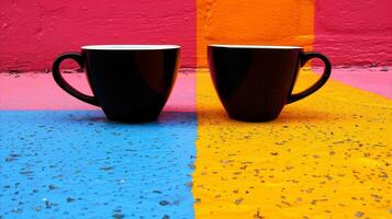 två svart kaffe koppar på flerfärgad bakgrund foto