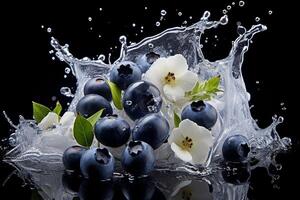 blåbär med löv och blommor åtföljs förbi en stänk av vatten på en svart bakgrund foto