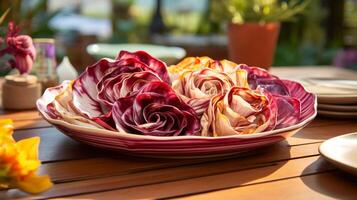 array av vibrerande radicchio på keramisk maträtt foto