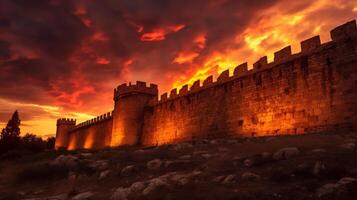 citadell försvar mot eldig kväll himmel foto