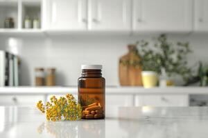 små flaska av homeopatisk avhjälpa omgiven blommor. medicinsk örter begrepp, alternativ medicin foto