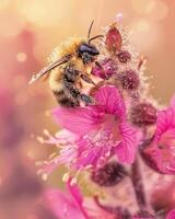 närbild av bi som pollinerar på rosa blomma foto