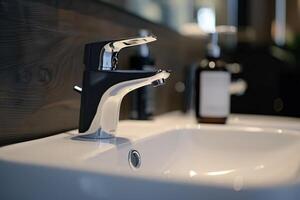 en närbild av en modern sensor kran i en hög kvalitet badrum miljö, visa upp de elegant design och innovation av vatten bevarande. foto