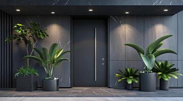svart främre dörr med växter, Fasad av en modern byggnad med modern dörr. foto