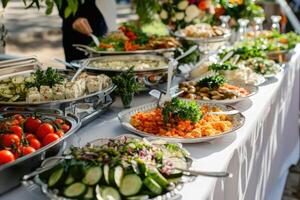 catering buffé mat inomhus- i lyx restaurang med kött färgrik frukt och grönsaker. foto