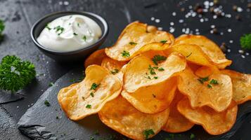 lugg av potatis pommes frites bredvid skål av sur grädde foto