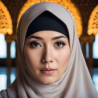 kvinna i traditionell muslim Kläder, leende. skön kvinna huvudskott ser på kamera och bär en hijab. foto