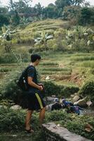 asiatisk modell, äventyrlig vandring mitt i sentuls tall skogar, korsning floder, fattande naturens skönhet i indonesien foto